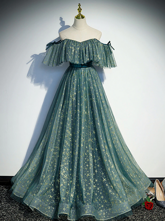 A-line Off-the-shoulder Green Long Prom Dress Unique Evening Dresses RYU039|Selinadress