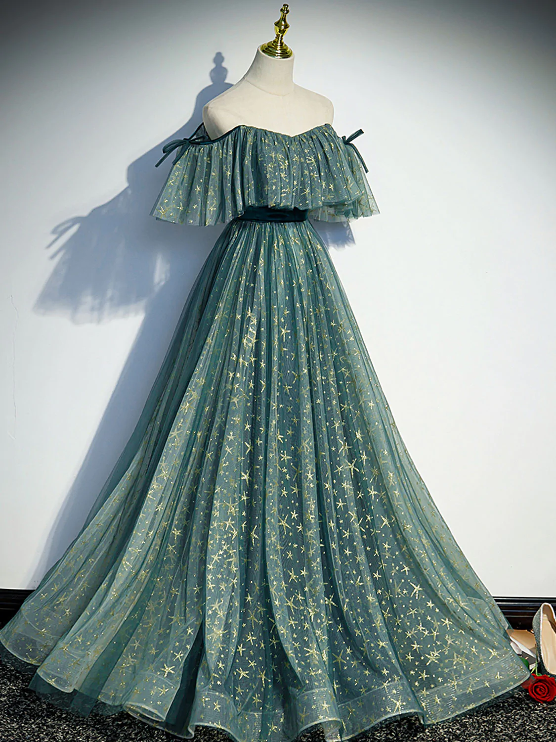 A-line Off-the-shoulder Green Long Prom Dress Unique Evening Dresses R SELINADRESS A-line Off-the-shoulder Green Long Prom Dress Unique Evening Dresses R SELINADRESS