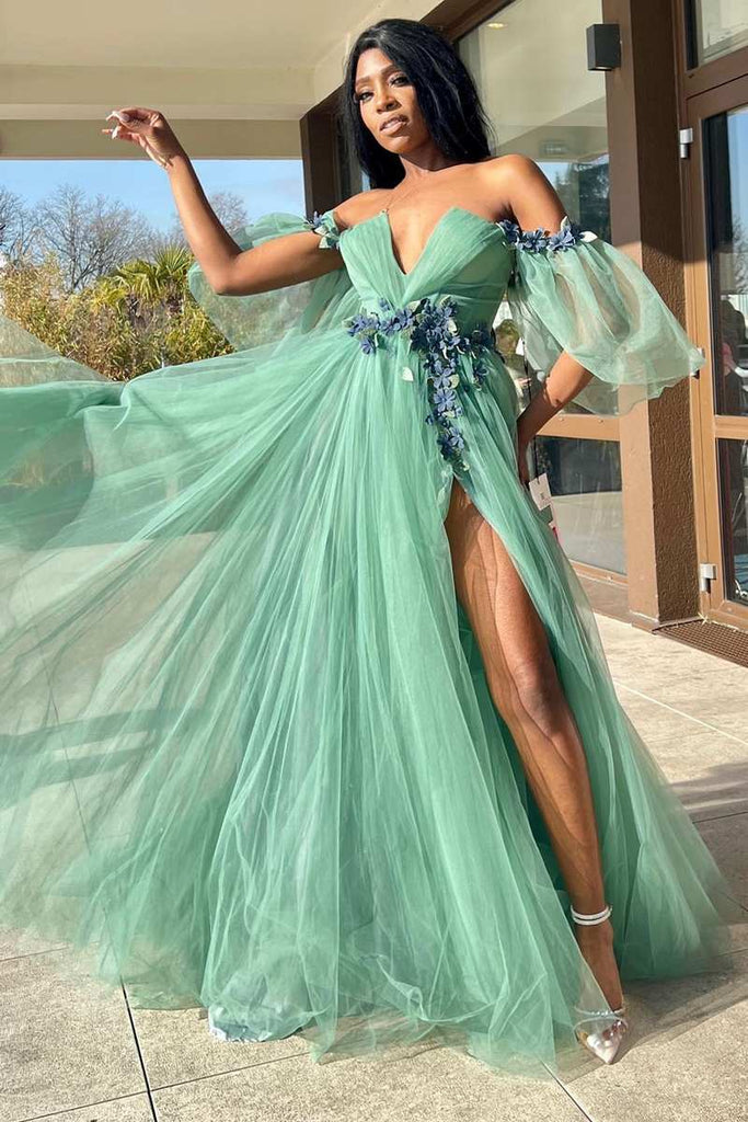 A-Line Off-the-Shoulder Green Tulle 3D Floral Lace Long Prom Dress JKW – SELINADRESS