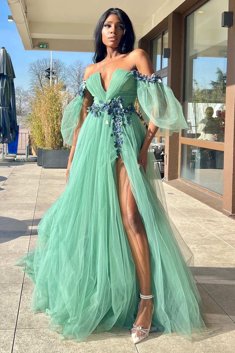 A-Line Off-the-Shoulder Green Tulle 3D Floral Lace Long Prom Dress JKW124 A-Line Off-the-Shoulder Green Tulle 3D Floral Lace Long Prom Dress JKW124