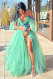 A-Line Off-the-Shoulder Green Tulle 3D Floral Lace Long Prom Dress JKW124|Selinadress