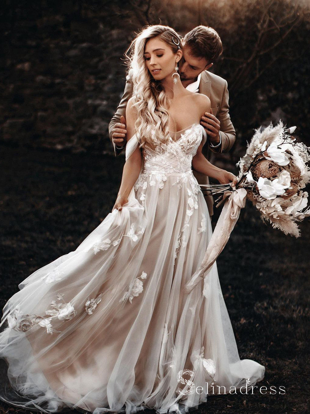 A-line Off-the-shoulder Lace Applique Backless Wedding Dresses Bridal –  SELINADRESS