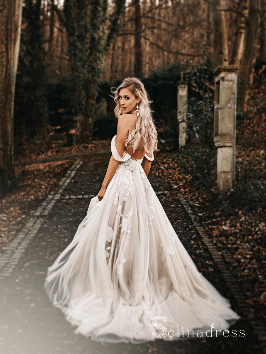 A-line Off-the-shoulder Lace Applique Backless Wedding Dresses Bridal SELINADRESS A-line Off-the-shoulder Lace Applique Backless Wedding Dresses Bridal SELINADRESS
