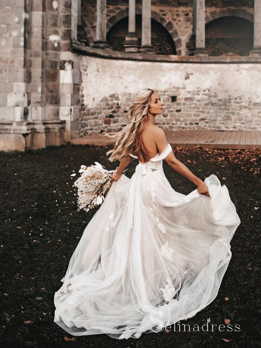 A-line Off-the-shoulder Lace Applique Backless Wedding Dresses Bridal SELINADRESS A-line Off-the-shoulder Lace Applique Backless Wedding Dresses Bridal SELINADRESS