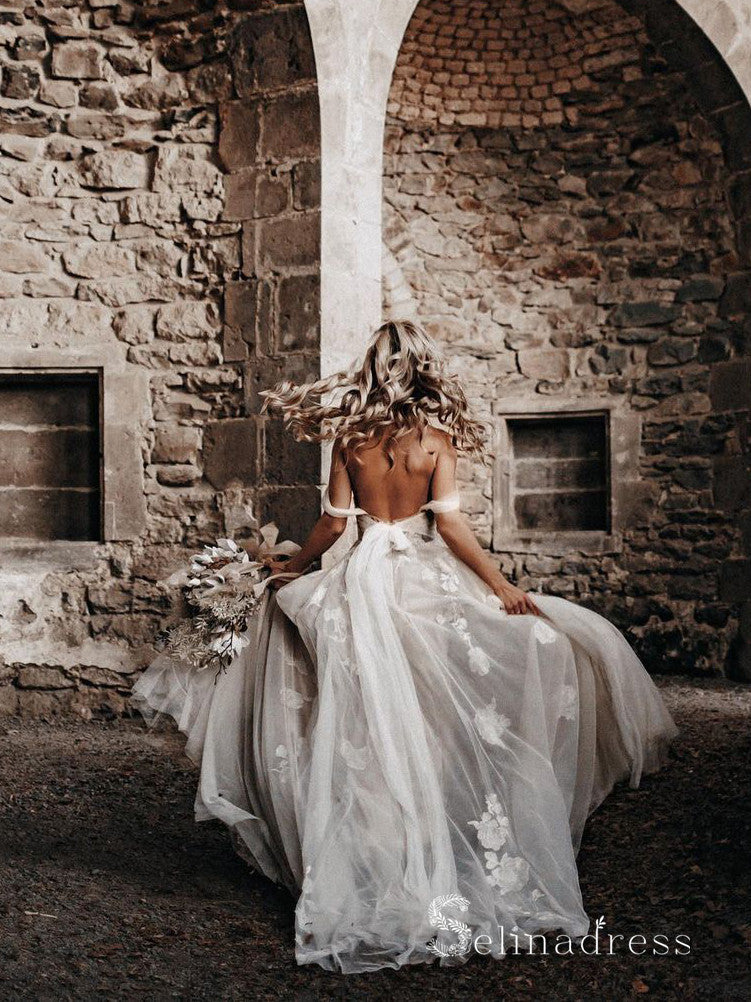 A-line Off-the-shoulder Lace Applique Backless Wedding Dresses Bridal SELINADRESS A-line Off-the-shoulder Lace Applique Backless Wedding Dresses Bridal SELINADRESS