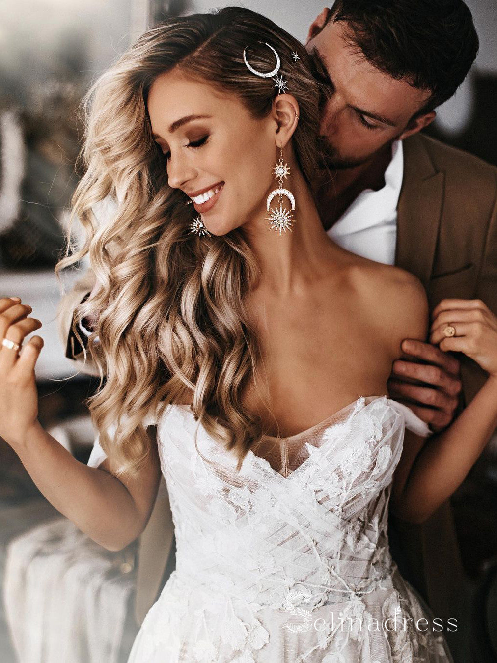 A-line Off-the-shoulder Lace Applique Backless Wedding Dresses Bridal SELINADRESS A-line Off-the-shoulder Lace Applique Backless Wedding Dresses Bridal SELINADRESS