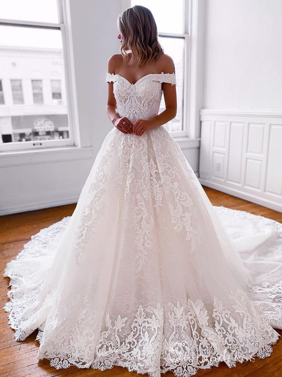 A-line Off-the-shoulder Lace Wedding Dresses White Wedding Gowns CBD48 ...