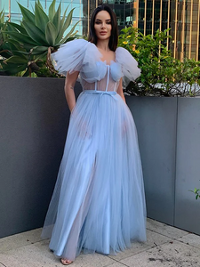A-line Off The Shoulder Light Sky Blue Long Prom Dress See Through Tulle Evening Gowns #POL024|Selinadress