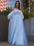 A-line Off The Shoulder Light Sky Blue Long Prom Dress See Through Tulle Evening Gowns #POL024|Selinadress