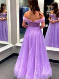 A-line Off-the-Shoulder Lilac Long Prom Dresses Tulle Evening Dresses MLK040