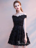 A-line Off-the-shoulder Little Black Lace Short Prom Dress Homecoming Dresses #MHL131|Selinadress