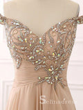 A-line Off-the-shoulder Long Prom Dress Vintage Beaded Formal Dress Ruffles Evening Dress SED032