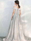 A-line Off-the-shoulder Long Prom Dresses Silver Formal Dresses SC012
