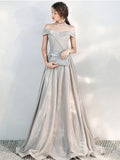 A-line Off-the-shoulder Long Prom Dresses Silver Formal Dresses SC012