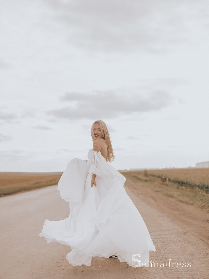 A-line Off-the-shoulder Long Sleeve Rustic Wedding Dresses Backless Br SELINADRESS A-line Off-the-shoulder Long Sleeve Rustic Wedding Dresses Backless Br SELINADRESS