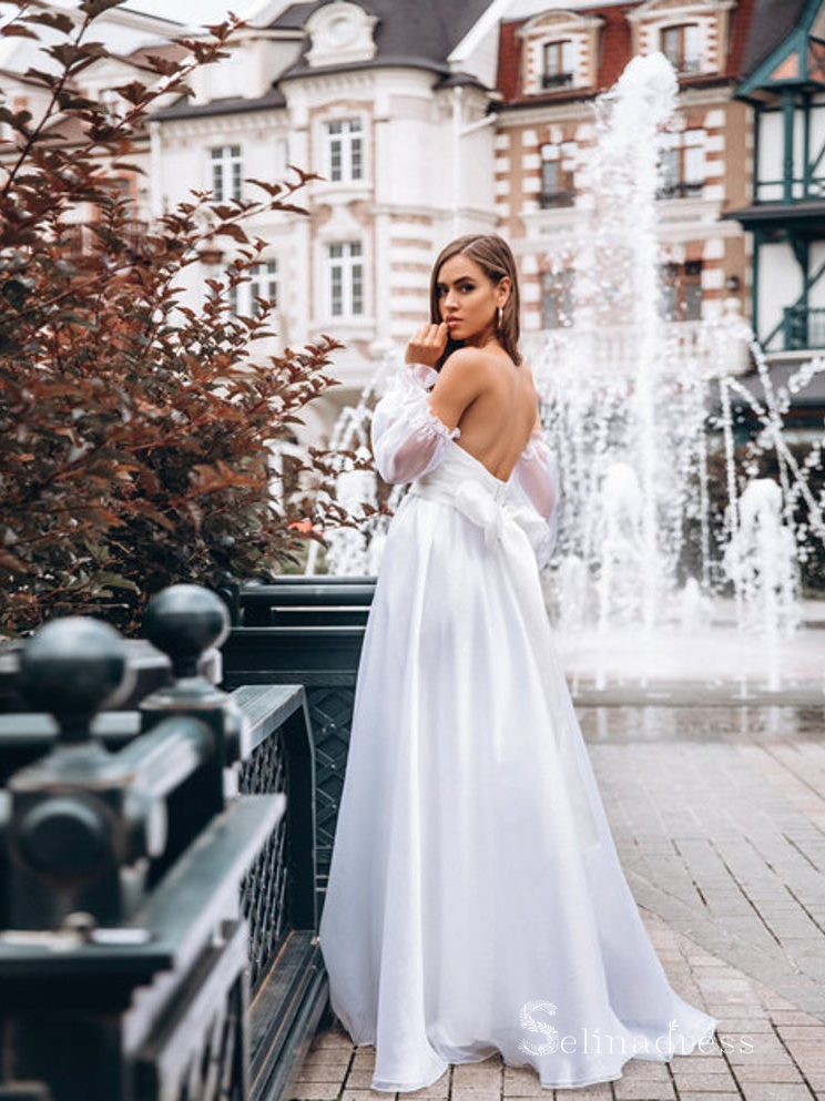 A-line Off-the-shoulder Long Sleeve Rustic Wedding Dresses Backless Bridal Gowns MHL152 A-line Off-the-shoulder Long Sleeve Rustic Wedding Dresses Backless Bridal Gowns MHL152