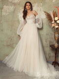 A-line Off-the-shoulder Long Sleeve Rustic Wedding Dresses Ivory Bridal Gowns MHL150|Selinadress
