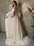 A-line Off-the-shoulder Long Sleeve Rustic Wedding Dresses Ivory Bridal Gowns MHL150|Selinadress