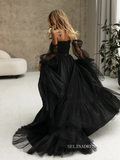 A-line Off-the-shoulder Long Sleeve Wedding Dress Rustic Black Country Wedding Dresses KTC010|Selinadress