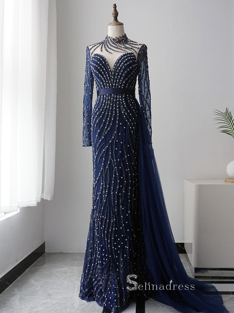 Mermaid High Neck Luxury Beaded Long Prom Dresses Dark Navy Evening Dr SELINADRESS Mermaid High Neck Luxury Beaded Long Prom Dresses Dark Navy Evening Dr SELINADRESS