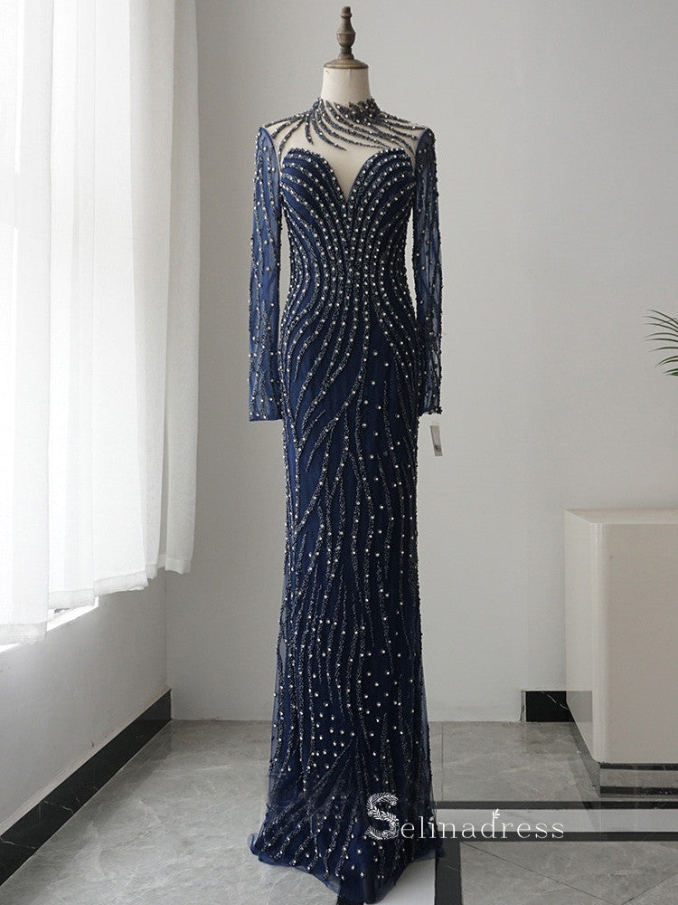 Mermaid High Neck Luxury Beaded Long Prom Dresses Dark Navy Evening Dr — free download