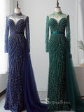 Mermaid High Neck Luxury Beaded Long Prom Dresses Dark Navy Evening Dresses ASB015|Selinadress