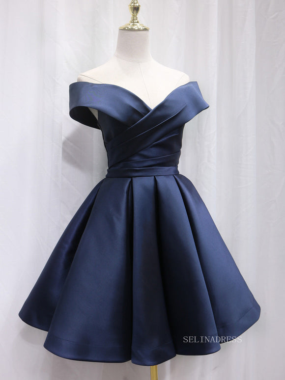 A-line Off-the-shoulder Navy Blue Cute Homecoming Dress Short Prom Dresses EDS026|Selinadress