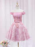 A-line Off-the-shoulder Pink Cute Homecoming Dress Lace Short Prom Dresses EDS023|Selinadress