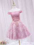 A-line Off-the-shoulder Pink Cute Homecoming Dress Lace Short Prom Dresses EDS023|Selinadress