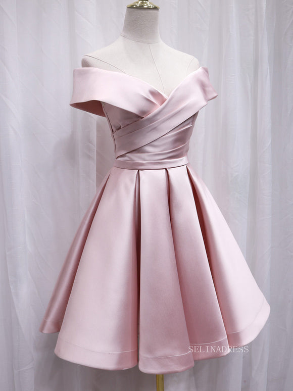 A-line Off-the-shoulder Pink Cute Homecoming Dress Satin Short Prom Dresses EDS021|Selinadress