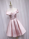 A-line Off-the-shoulder Pink Cute Homecoming Dress Satin Short Prom Dresses EDS021|Selinadress