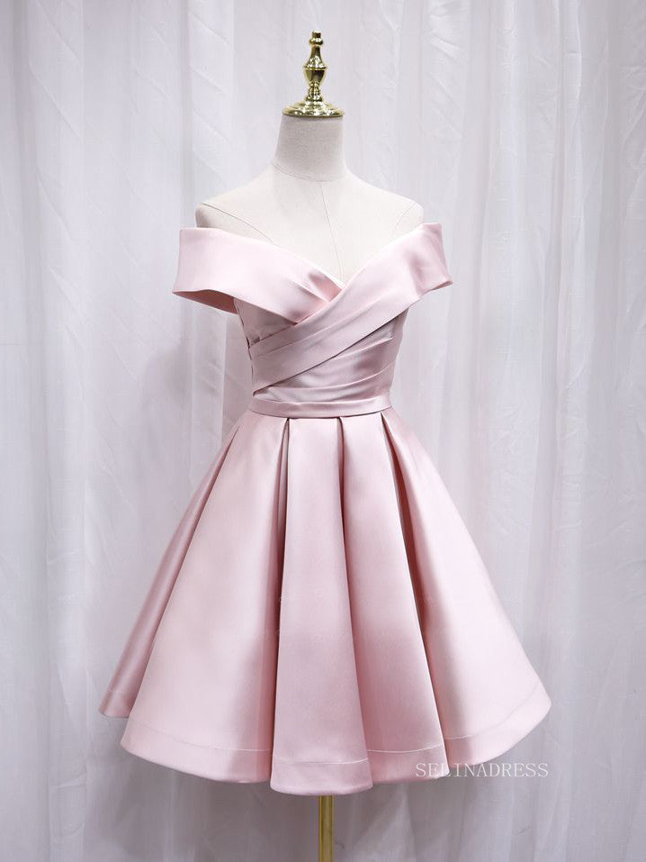 Homecoming Dresses Pink Satin Short Dress A-line Off-the-shoulder Pink Cute Homecoming Dress Satin Homecoming Dresses Pink Satin Short Dress A-line Off-the-shoulder Pink Cute Homecoming Dress Satin