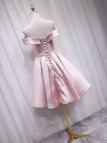 A-line Off-the-shoulder Pink Cute Homecoming Dress Satin Short Prom Dresses EDS022|Selinadress