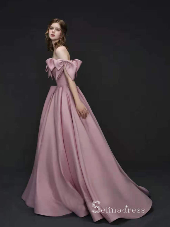 A-line Off-the-shoulder Pink Long Prom Dress Cheap Satin Evening Dresses GKF029|Selinadress
