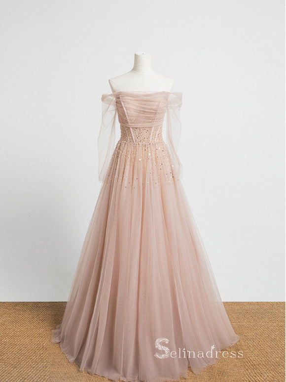 A-line Off-the-shoulder Pink Long Prom Dress Unique Evening Dresses GKF024