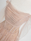 A-line Off-the-shoulder Pink Long Prom Dress Unique Evening Dresses GKF024