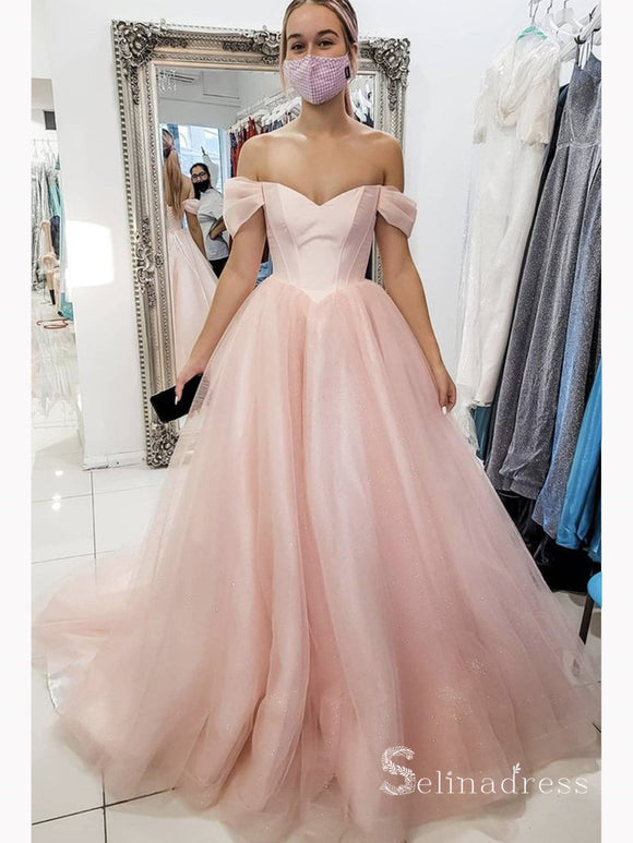 A-line Off-the-shoulder Pink Long Prom Dresses Pink Evening Dress CBD564|Selinadress