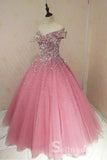 A-line Off-the-shoulder Pink Sparkly Long Prom Dress Beaded Evening Dress SED034|Selinadress