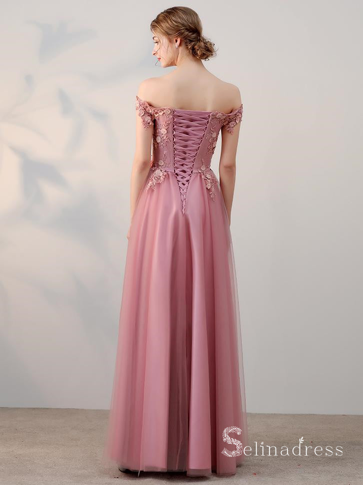 A-line Off-the-shoulder Pink Vintage Long Prom Dresses Applique Long Formal Gowns SED010 SELINADRESS A-line Off-the-shoulder Pink Vintage Long Prom Dresses Applique Long Formal Gowns SED010 SELINADRESS