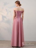 A-line Off-the-shoulder Pink Vintage Long Prom Dresses Applique Long Formal Gowns SED010
