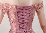 A-line Off-the-shoulder Pink Vintage Long Prom Dresses Applique Long Formal Gowns SED010