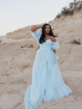 A-line Off-the-shoulder Puff Sleeve Photography Costumes Light Sky Blue Long Prom Dress Formal Dress JKSS503|Selinadress