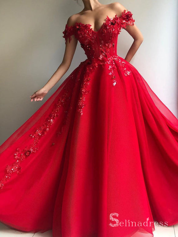 A-line Off-the-shoulder Red Long Prom Dresses Applique Evening Gowns CBD549|Selinadress