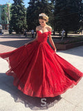 A-line Off-the-shoulder Red Prom Dresses Long Prom Dress Sparkly Evening Dress CBD235|Selinadress