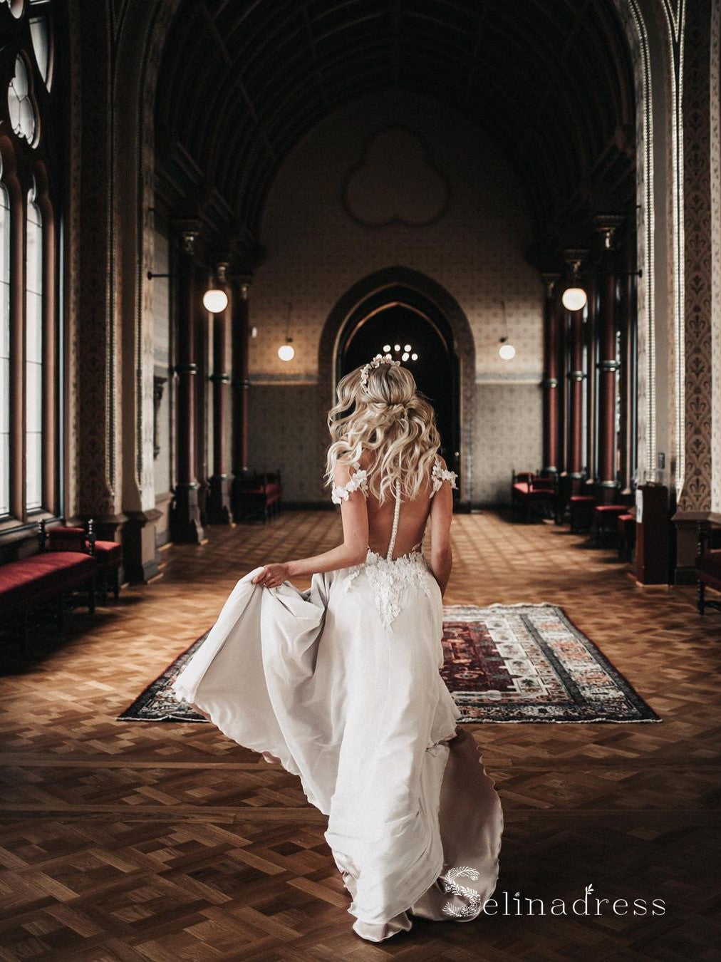 A-line Off-the-shoulder Rustic Lace Wedding Dresses Beach Wedding Gowns MHL152|Selinadress