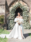 A-line Off-the-shoulder Rustic Satin Wedding Dresses White Thigh Split Bridal Gowns MLH013|Selinadress
