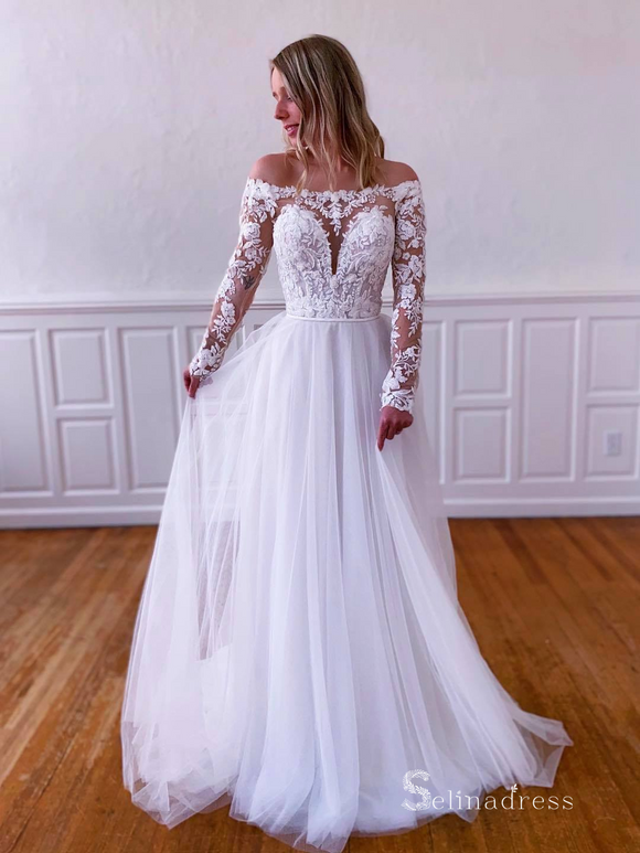 A-line Off-the-shoulder Rustic Wedding Dresses Long Sleeve Bridal Gowns CBD500|Selinadress
