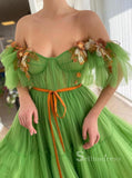 A-line Off-the-shoulder Sage Long Prom Dress Ruffles Tulle Evening Dresses HLK003|Selinadress