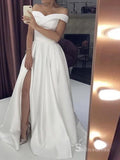 A-line Off-the-shoulder Thigh Split Satin Wedding Dress Cheap Bridal Gowns # SDL007