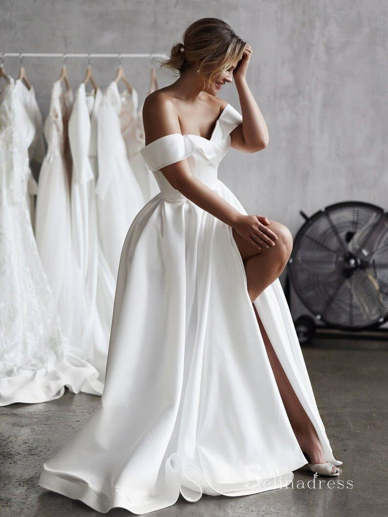 A-line Off-the-shoulder Thigh Split Satin Wedding Dress Cheap Bridal Gowns # SDL008 A-line Off-the-shoulder Thigh Split Satin Wedding Dress Cheap Bridal Gowns # SDL008